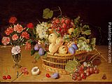 Vase Canvas Paintings - A Still Life Of A Vase Of Carnations To The Left Of A Basket Of Fruit